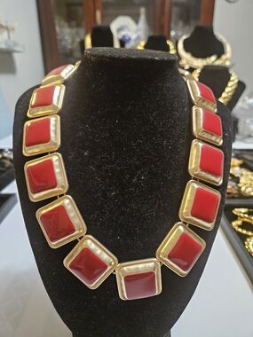 Bold Red Square Gold-Trim Statement Necklace - Women Jewelry